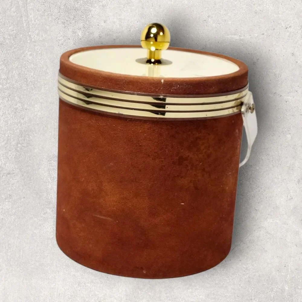 Vintage MCM Suede Ice Bucket Brown Lucite Handle Lid Gold Trim Retro Barware Bar